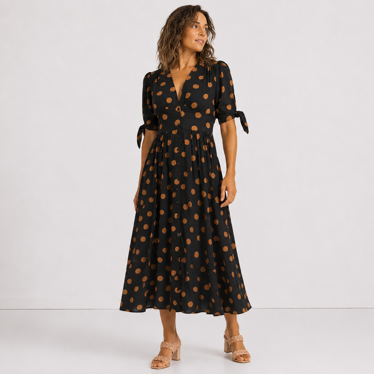Women's Polka Dot V-Neck Flowy Dress