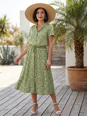 Women's Printed Button Front Midi Dress with Self Tie Belt