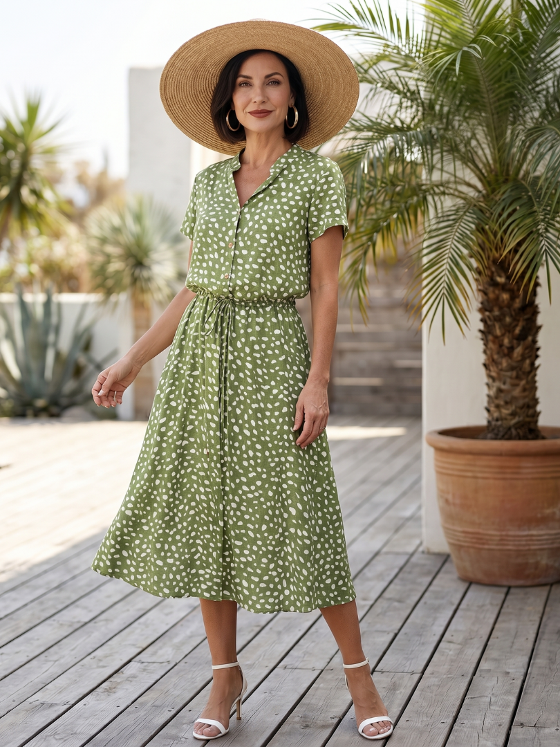 Women's Printed Button Front Midi Dress with Self Tie Belt