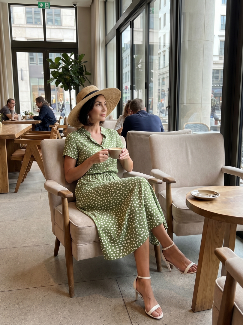Women's Printed Button Front Midi Dress with Self Tie Belt