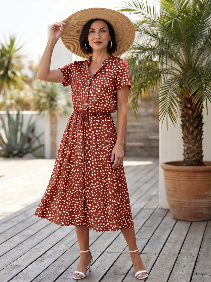 Women's Printed Button Front Midi Dress with Self Tie Belt