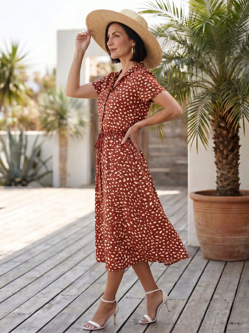 Women's Printed Button Front Midi Dress with Self Tie Belt