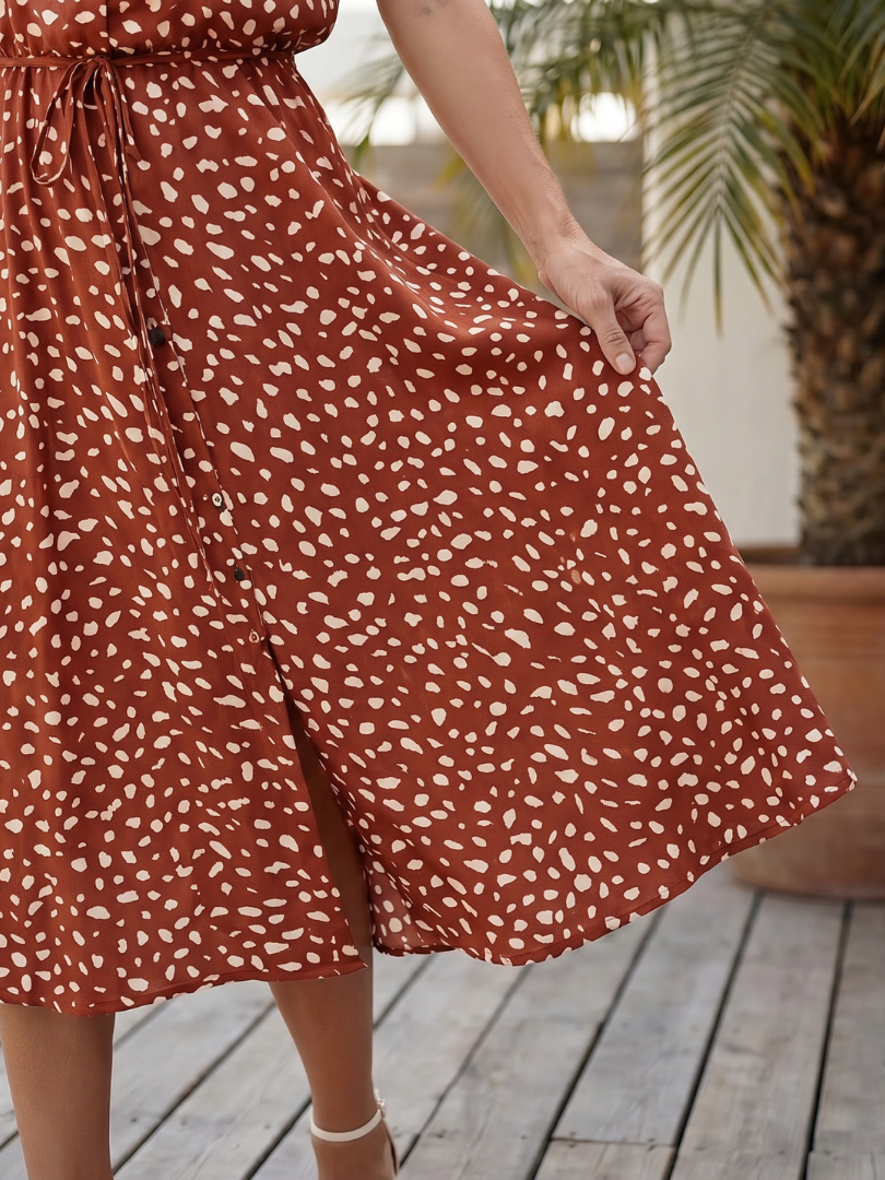 Women's Printed Button Front Midi Dress with Self Tie Belt