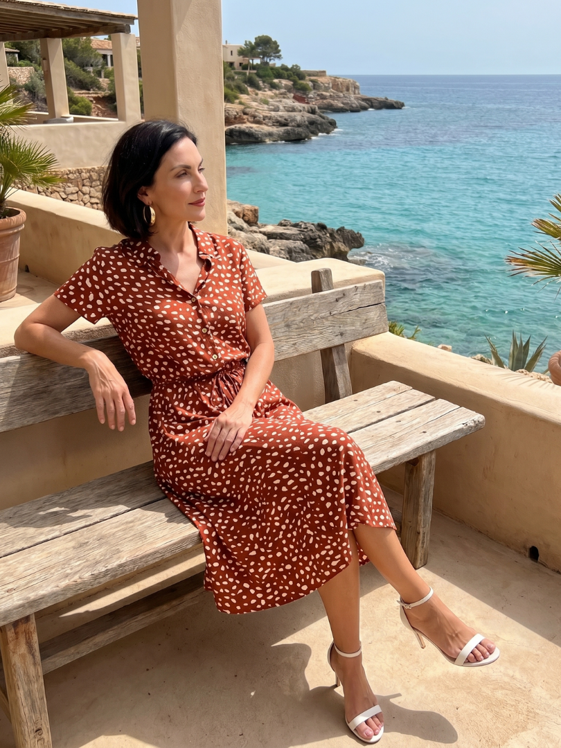 Women's Printed Button Front Midi Dress with Self Tie Belt