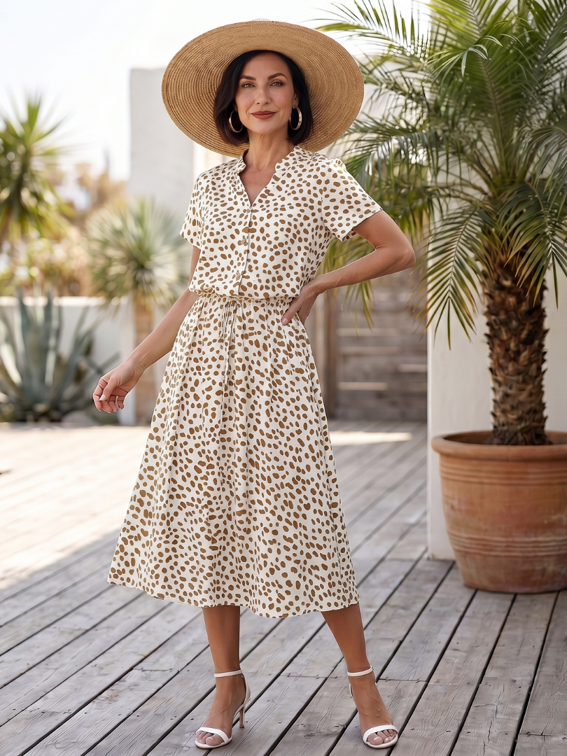 Women's Printed Button Front Midi Dress with Self Tie Belt