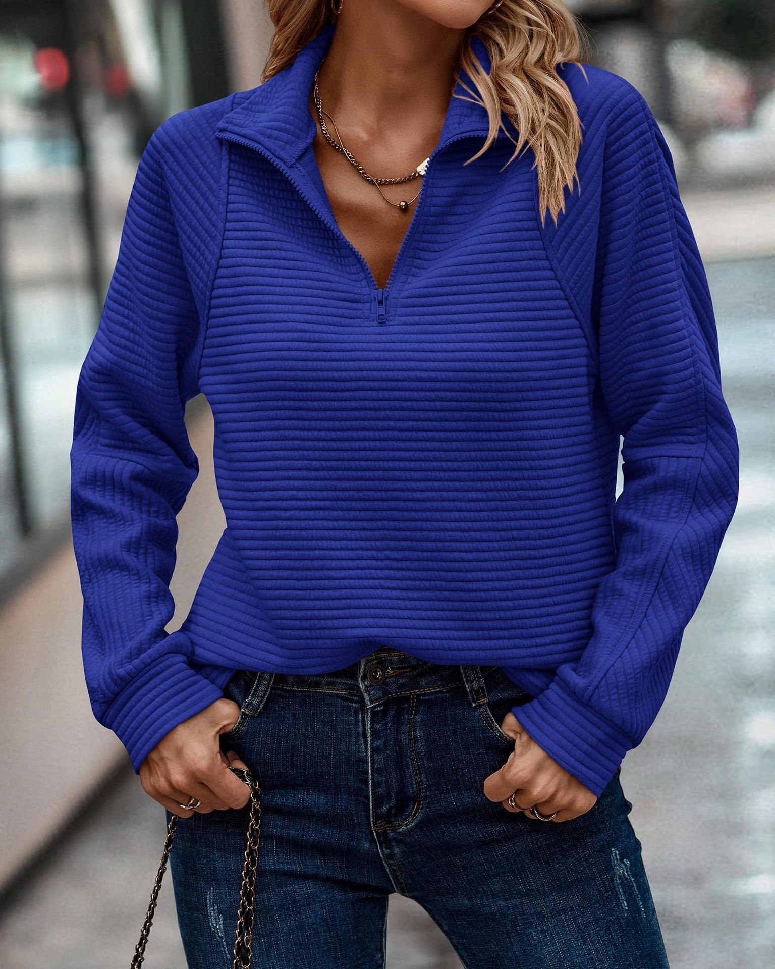 Women's Ribbed Half Zip Sweatshirt with Stand Collar