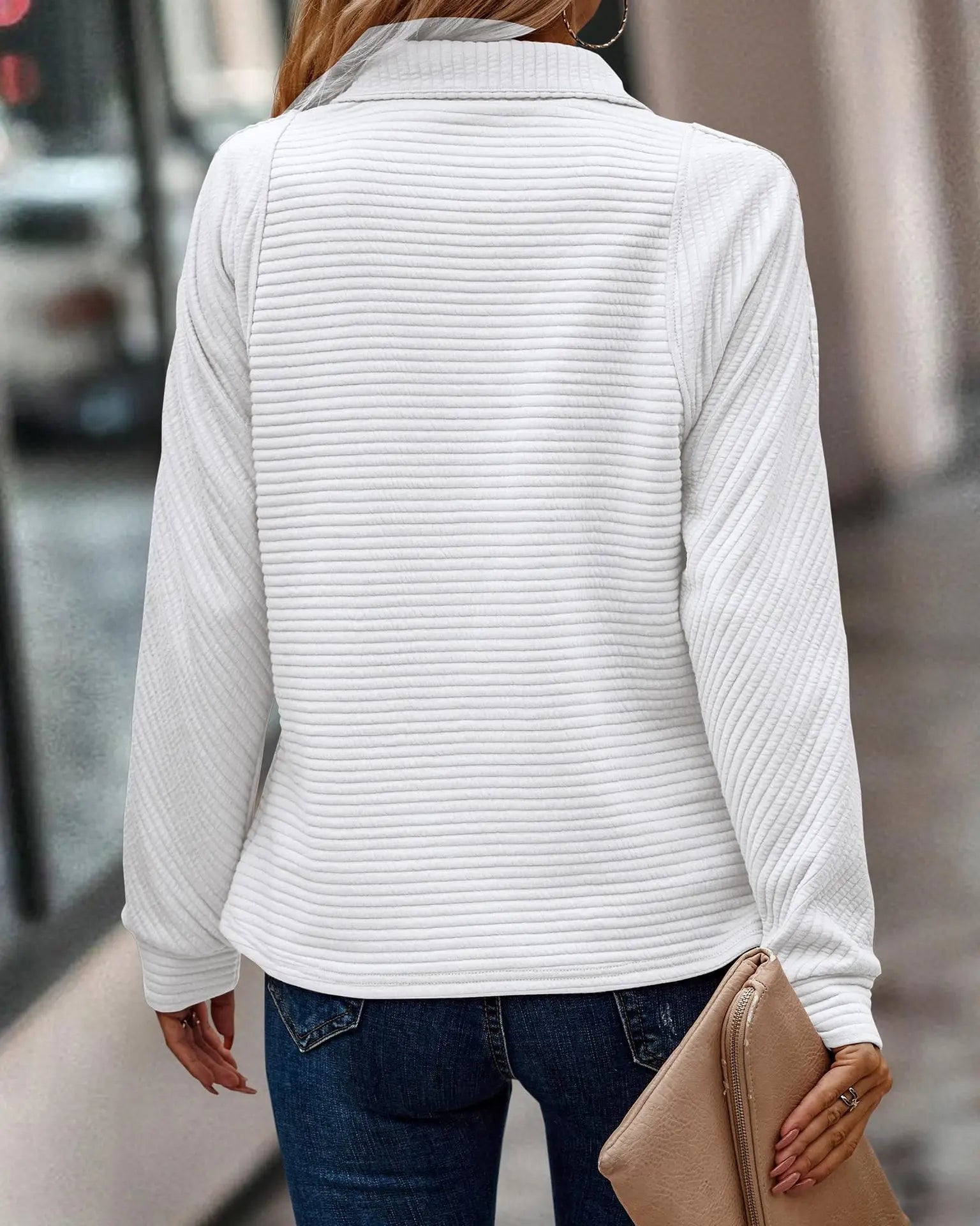 Women's Ribbed Half Zip Sweatshirt with Stand Collar