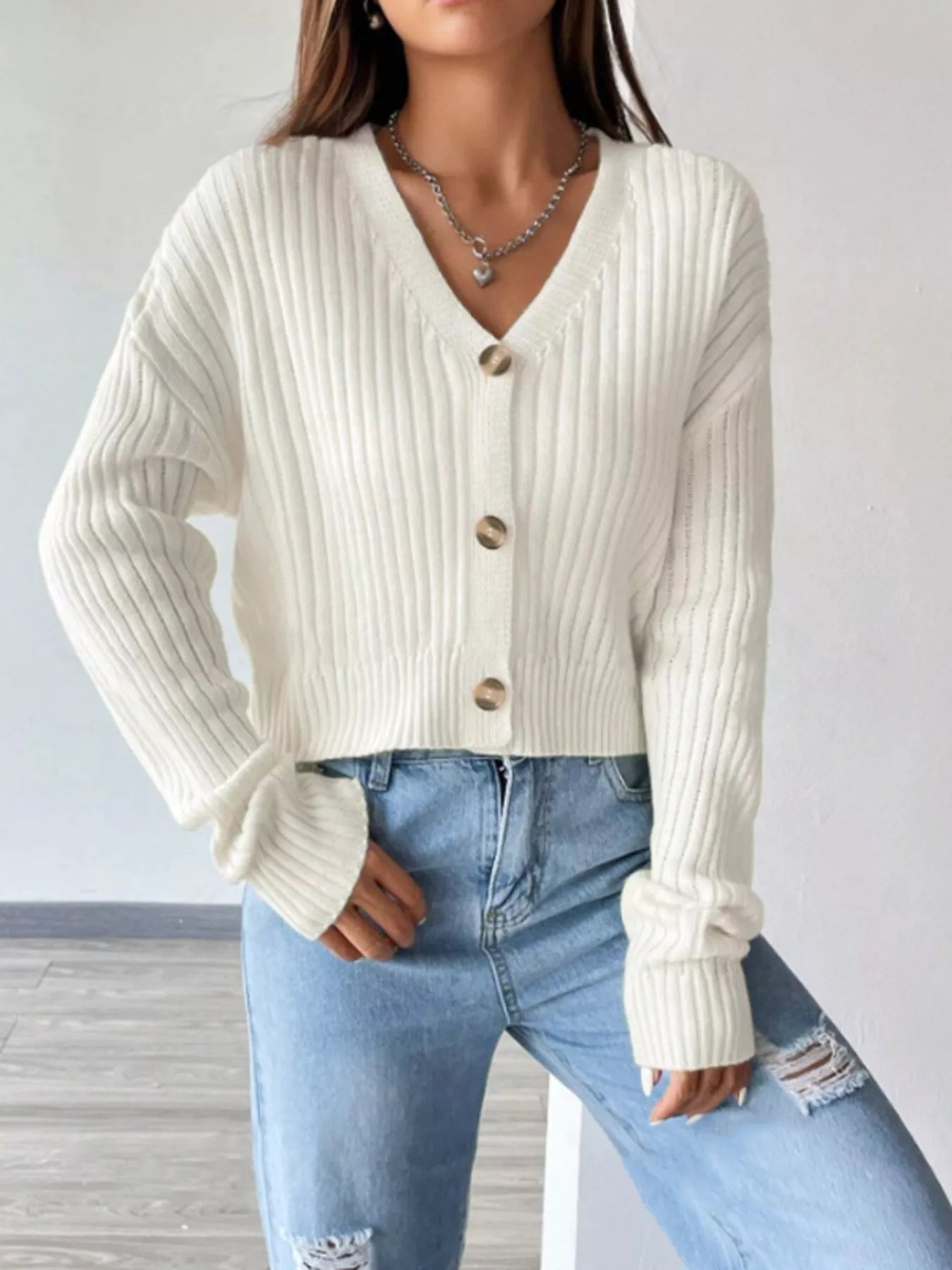 Women's Ribbed Knit Cropped Cardigan Sweater with V-Neck