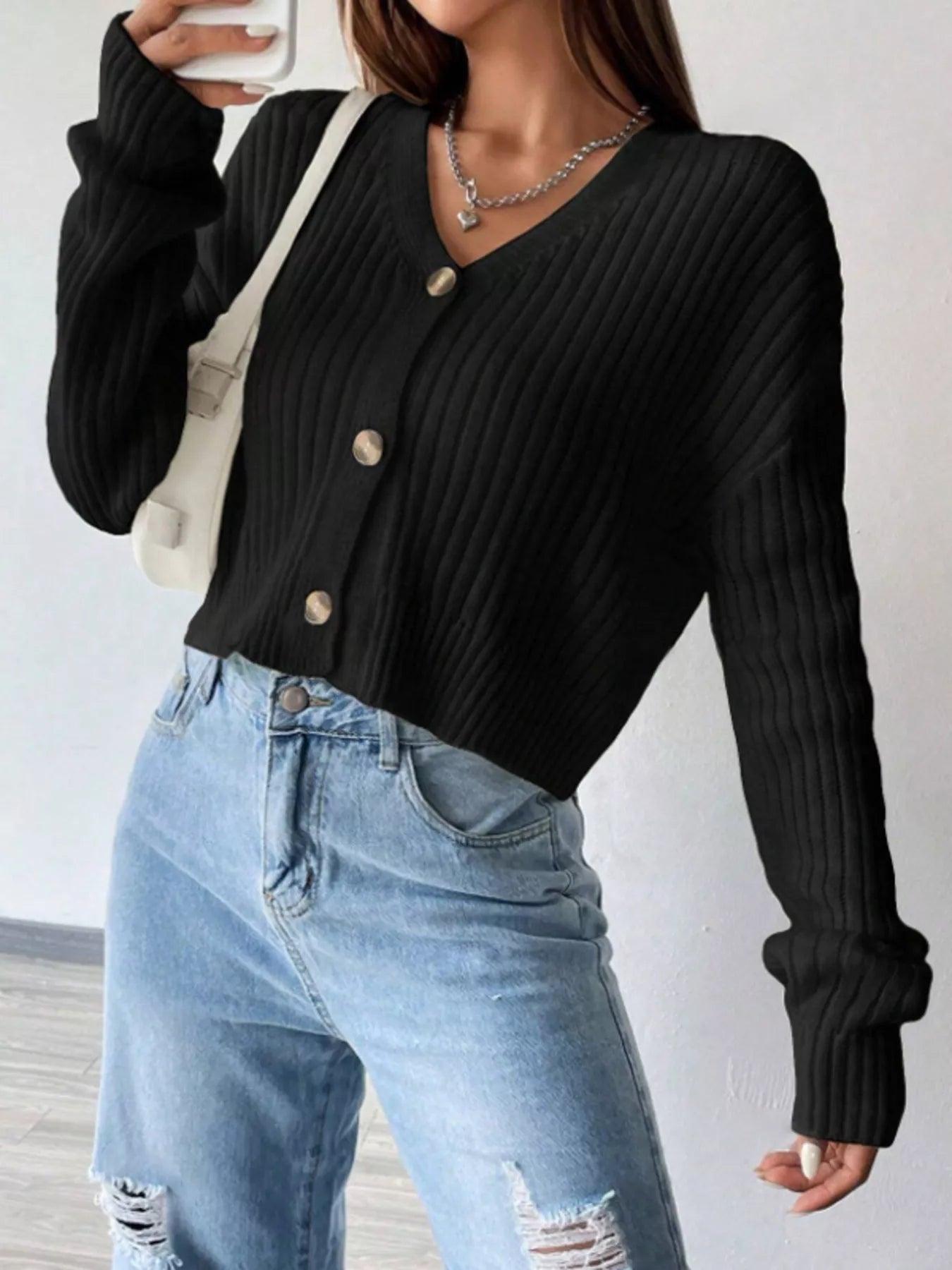 Women's Ribbed Knit Cropped Cardigan Sweater with V-Neck