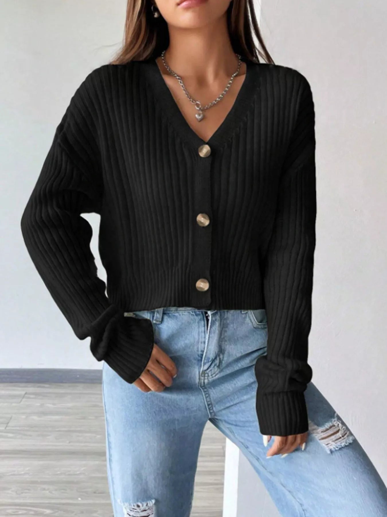 Women's Ribbed Knit Cropped Cardigan Sweater with V-Neck