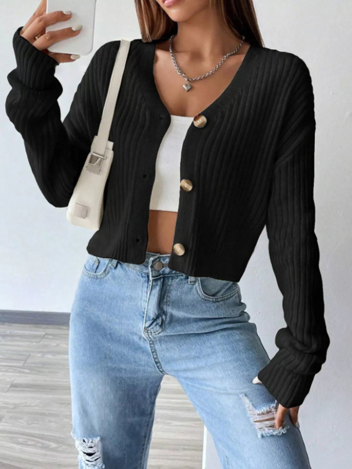 Women's Ribbed Knit Cropped Cardigan Sweater with V-Neck
