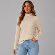 Women's Ribbed Knit Turtleneck Sweater with Side Button Detail