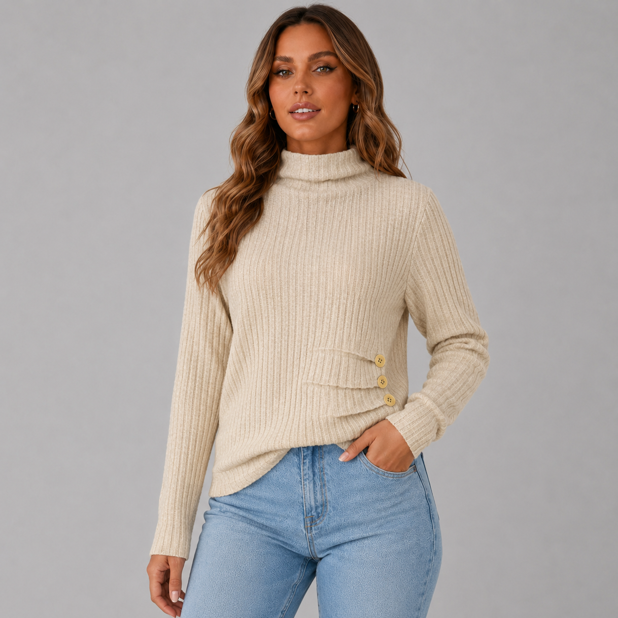 Women's Ribbed Knit Turtleneck Sweater with Side Button Detail