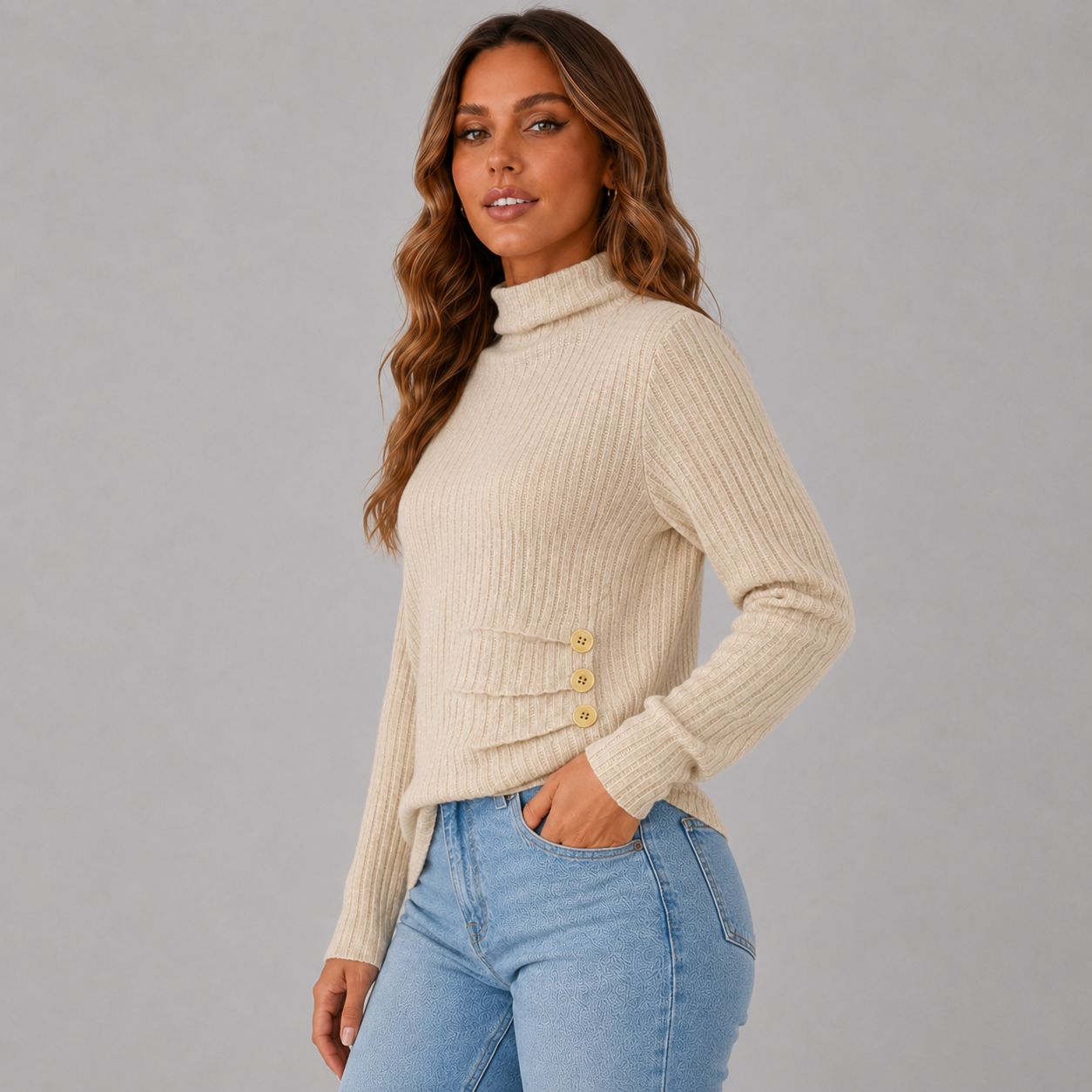 Women's Ribbed Knit Turtleneck Sweater with Side Button Detail