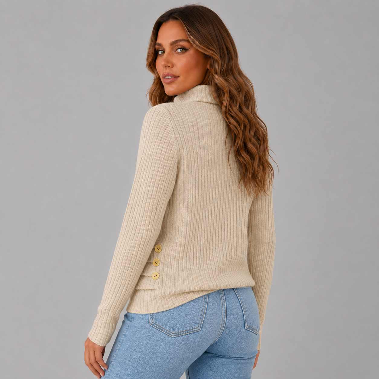Women's Ribbed Knit Turtleneck Sweater with Side Button Detail