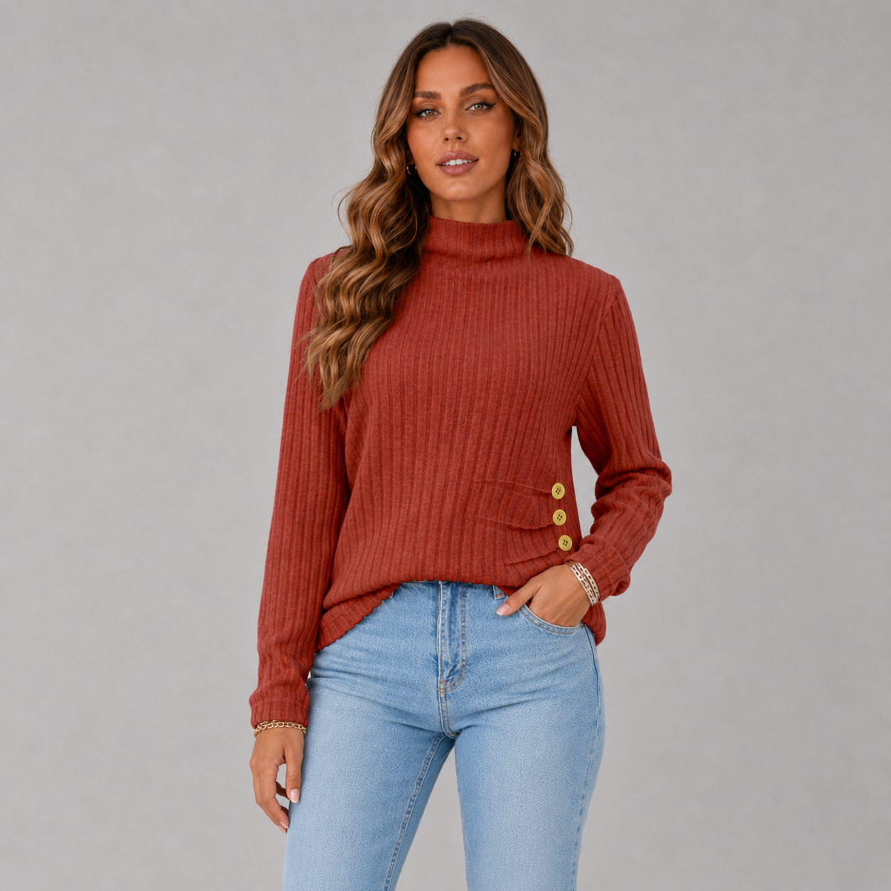 Women's Ribbed Knit Turtleneck Sweater with Side Button Detail