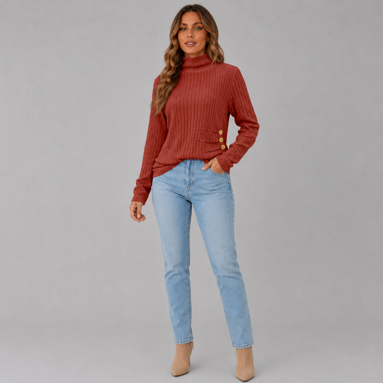 Women's Ribbed Knit Turtleneck Sweater with Side Button Detail