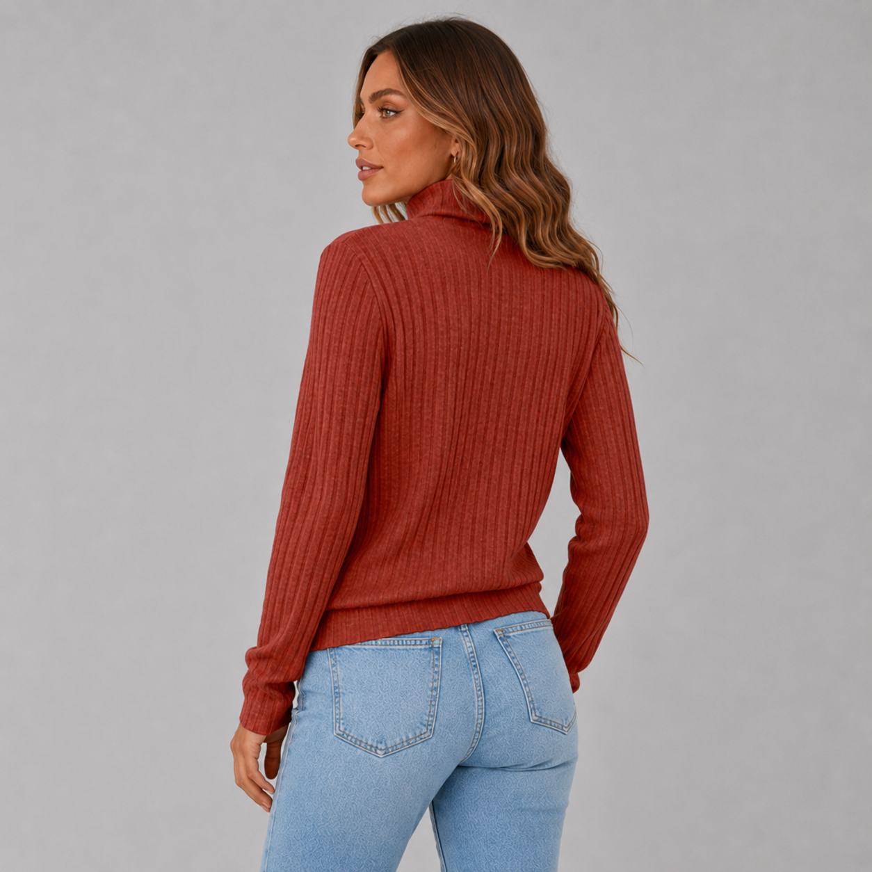 Women's Ribbed Knit Turtleneck Sweater with Side Button Detail