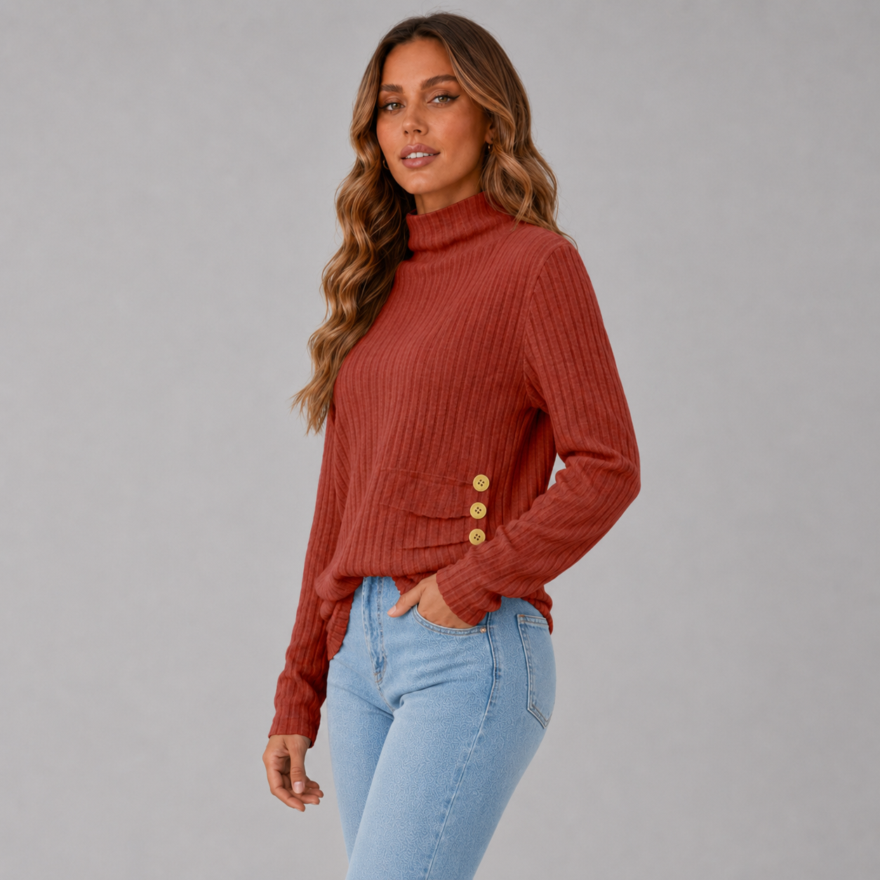 Women's Ribbed Knit Turtleneck Sweater with Side Button Detail
