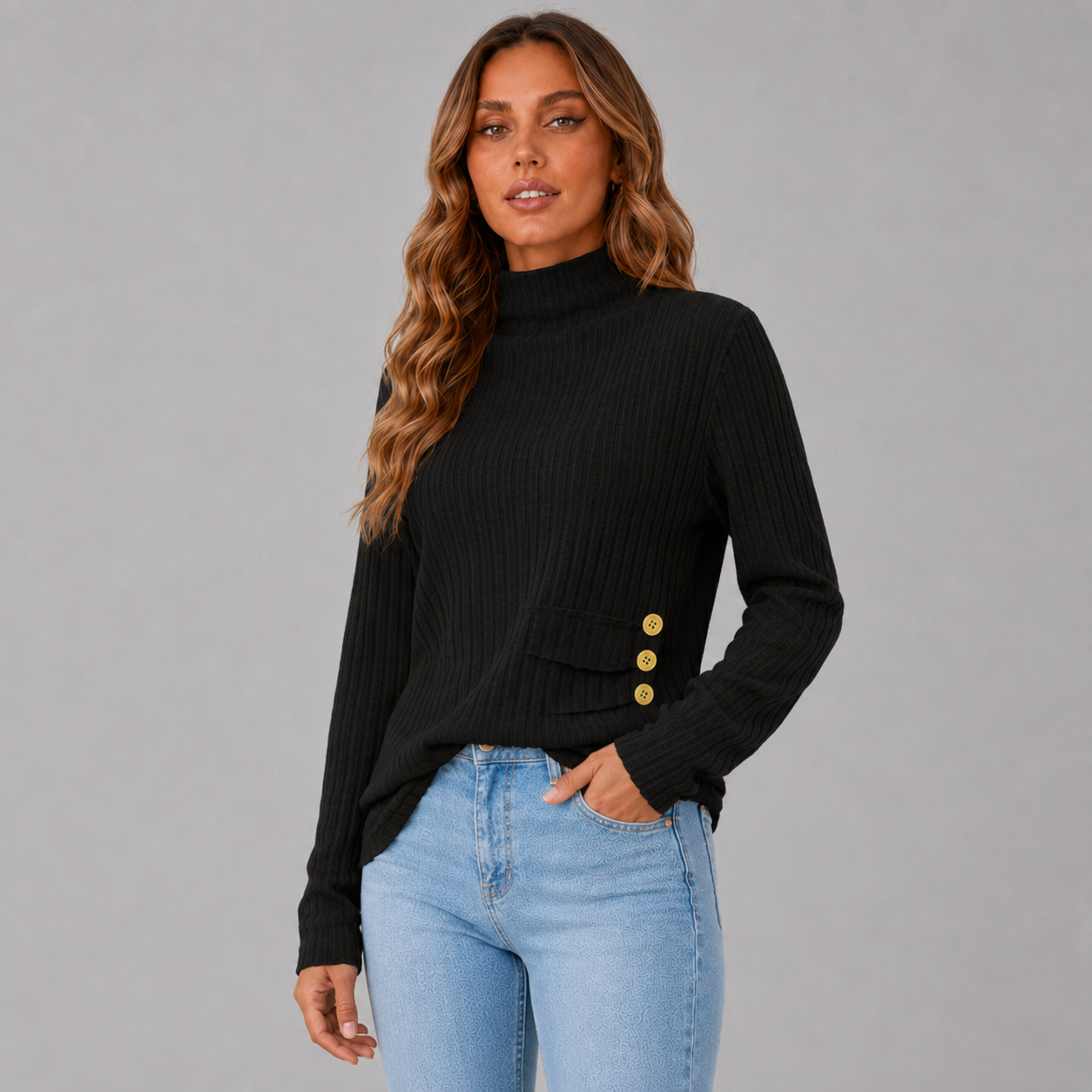 Women's Ribbed Knit Turtleneck Sweater with Side Button Detail