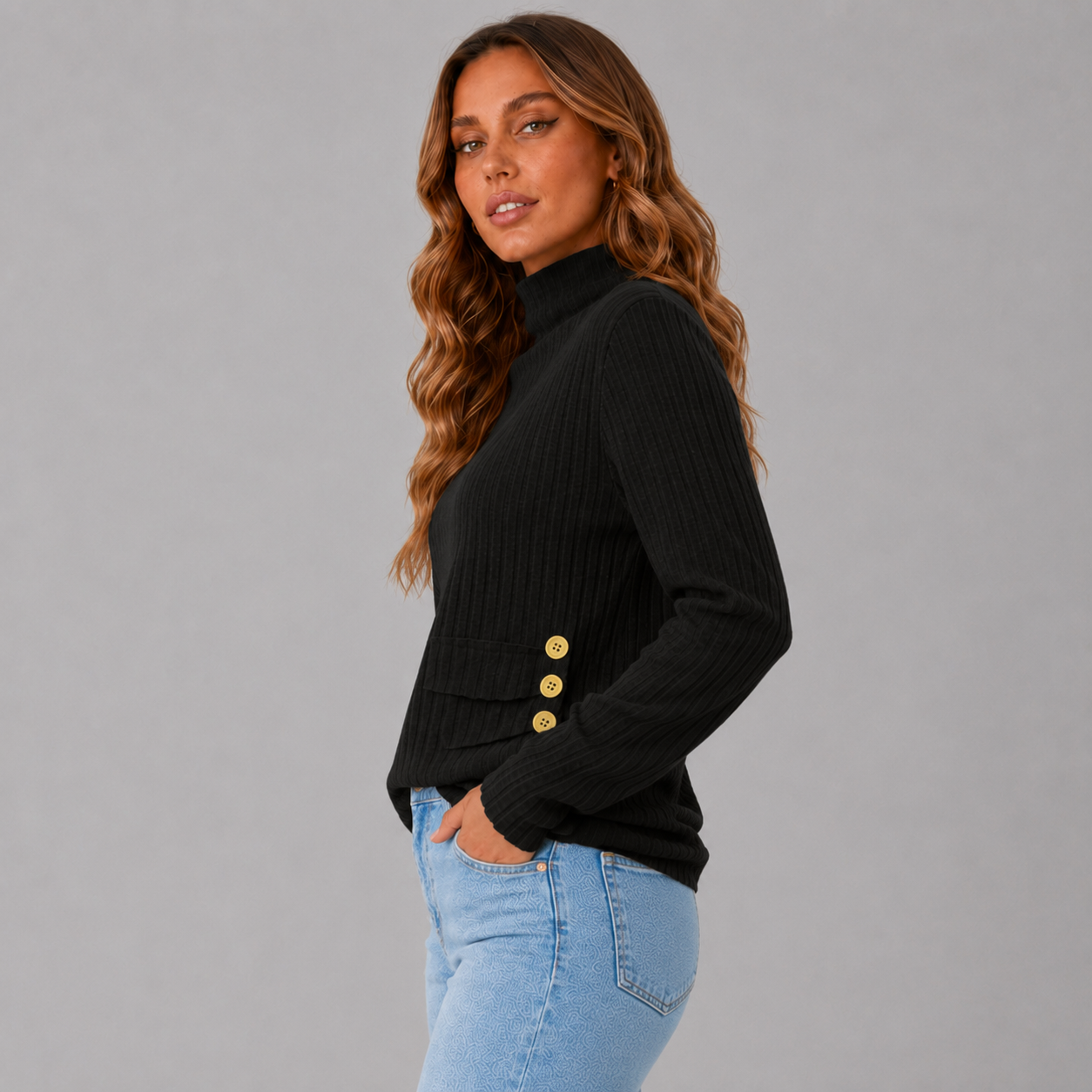 Women's Ribbed Knit Turtleneck Sweater with Side Button Detail