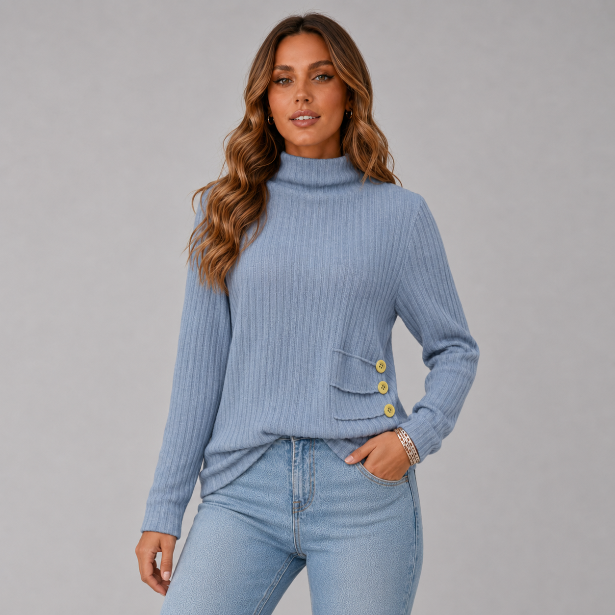 Women's Ribbed Knit Turtleneck Sweater with Side Button Detail