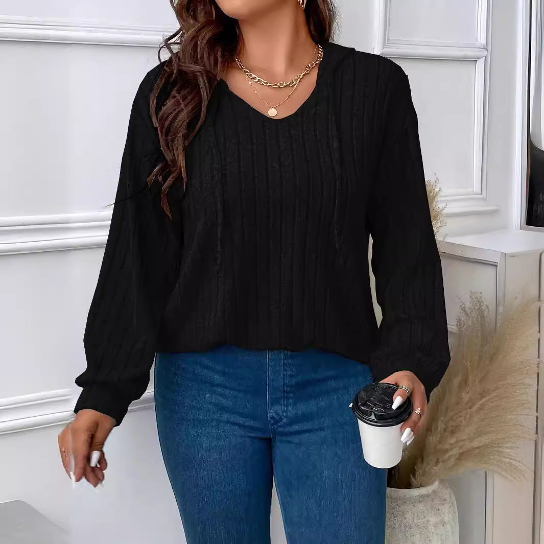 Women's Ribbed Knit V-Neck Top with Long Sleeves