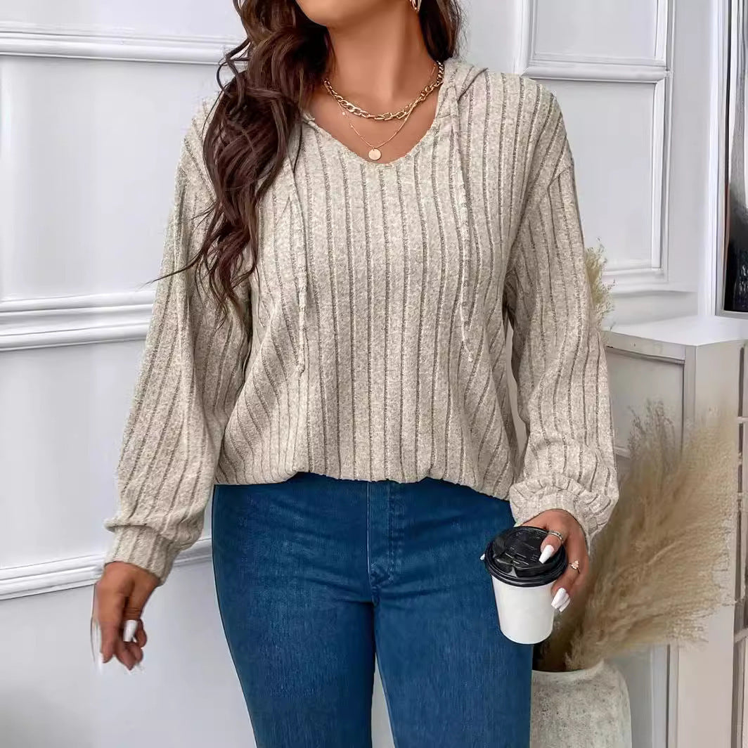Women's Ribbed Knit V-Neck Top with Long Sleeves