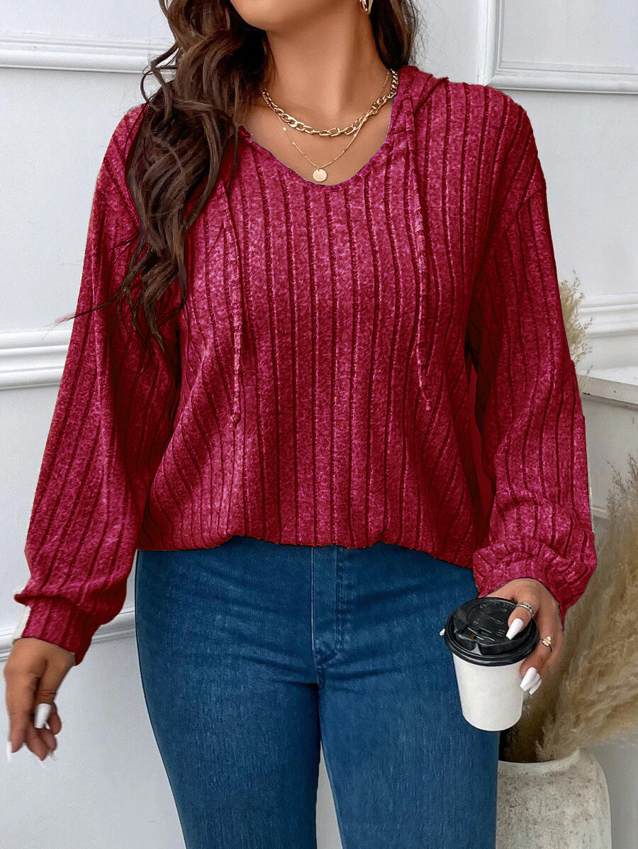 Women's Ribbed Knit V-Neck Top with Long Sleeves