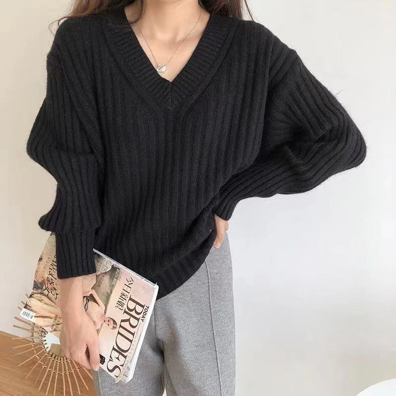 Women's Ribbed Knit V-Neck Sweater