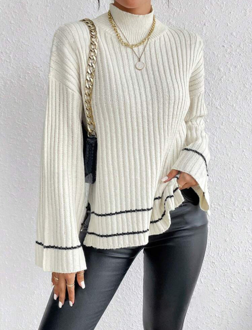 Women's Ribbed Mock Neck Jumper with Flared Sleeves for Cozy Elegance