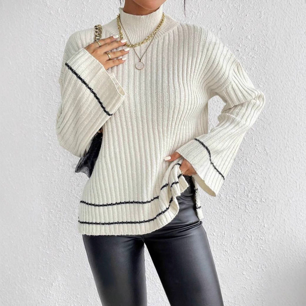 Women's Ribbed Mock Neck Jumper with Flared Sleeves for Cozy Elegance
