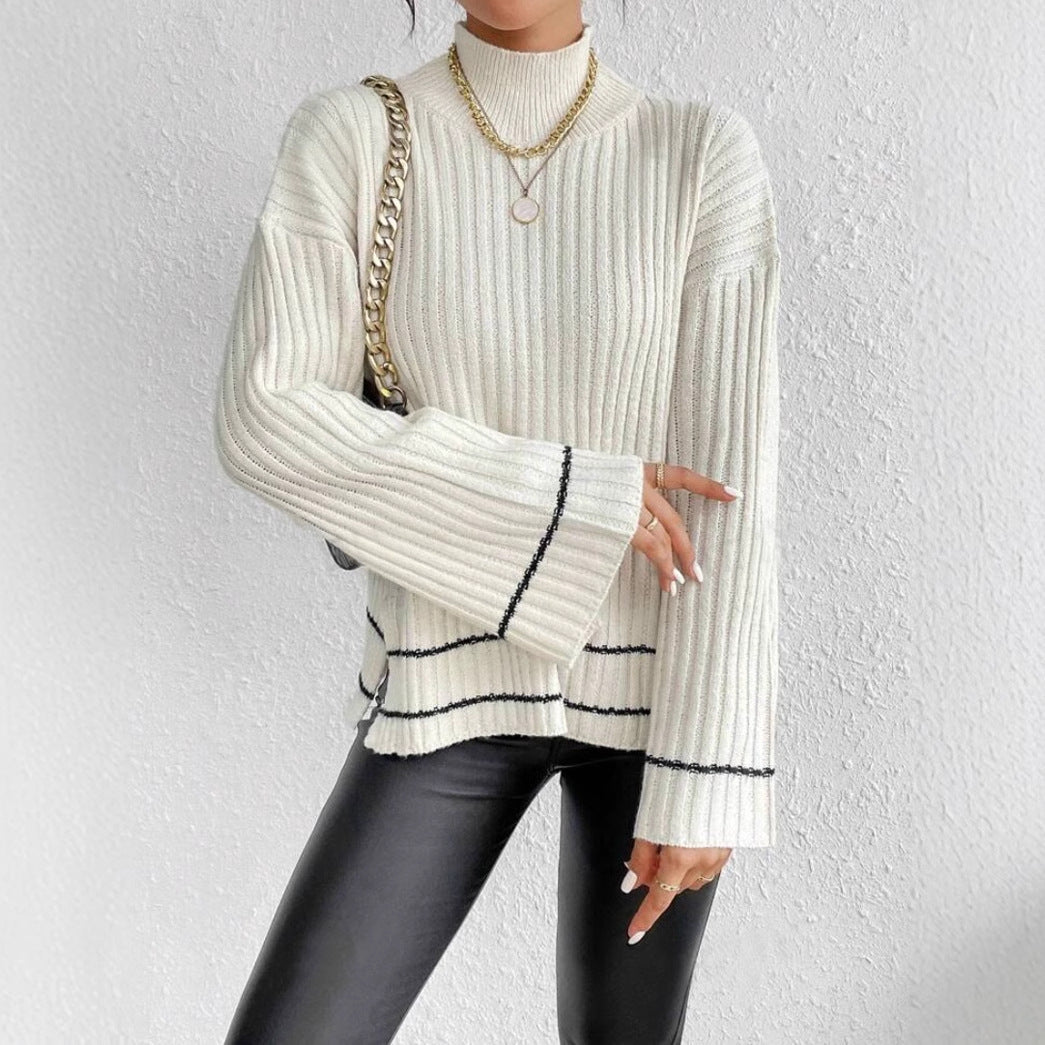 Women's Ribbed Mock Neck Jumper with Flared Sleeves for Cozy Elegance
