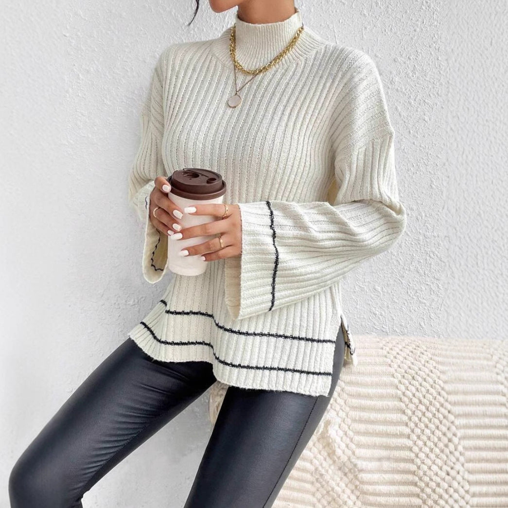 Women's Ribbed Mock Neck Jumper with Flared Sleeves for Cozy Elegance