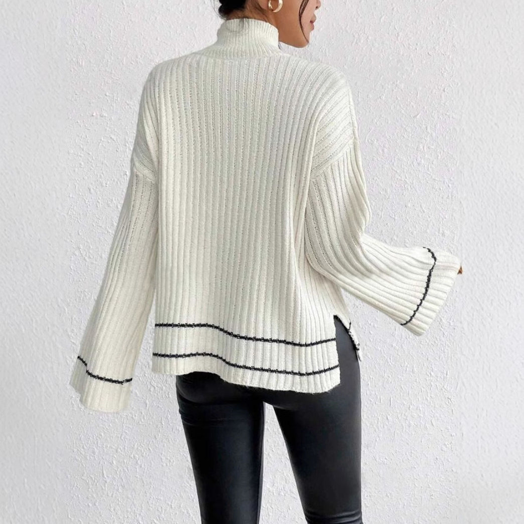 Women's Ribbed Mock Neck Jumper with Flared Sleeves for Cozy Elegance
