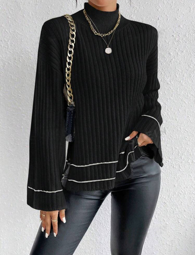 Women's Ribbed Mock Neck Jumper with Flared Sleeves for Cozy Elegance