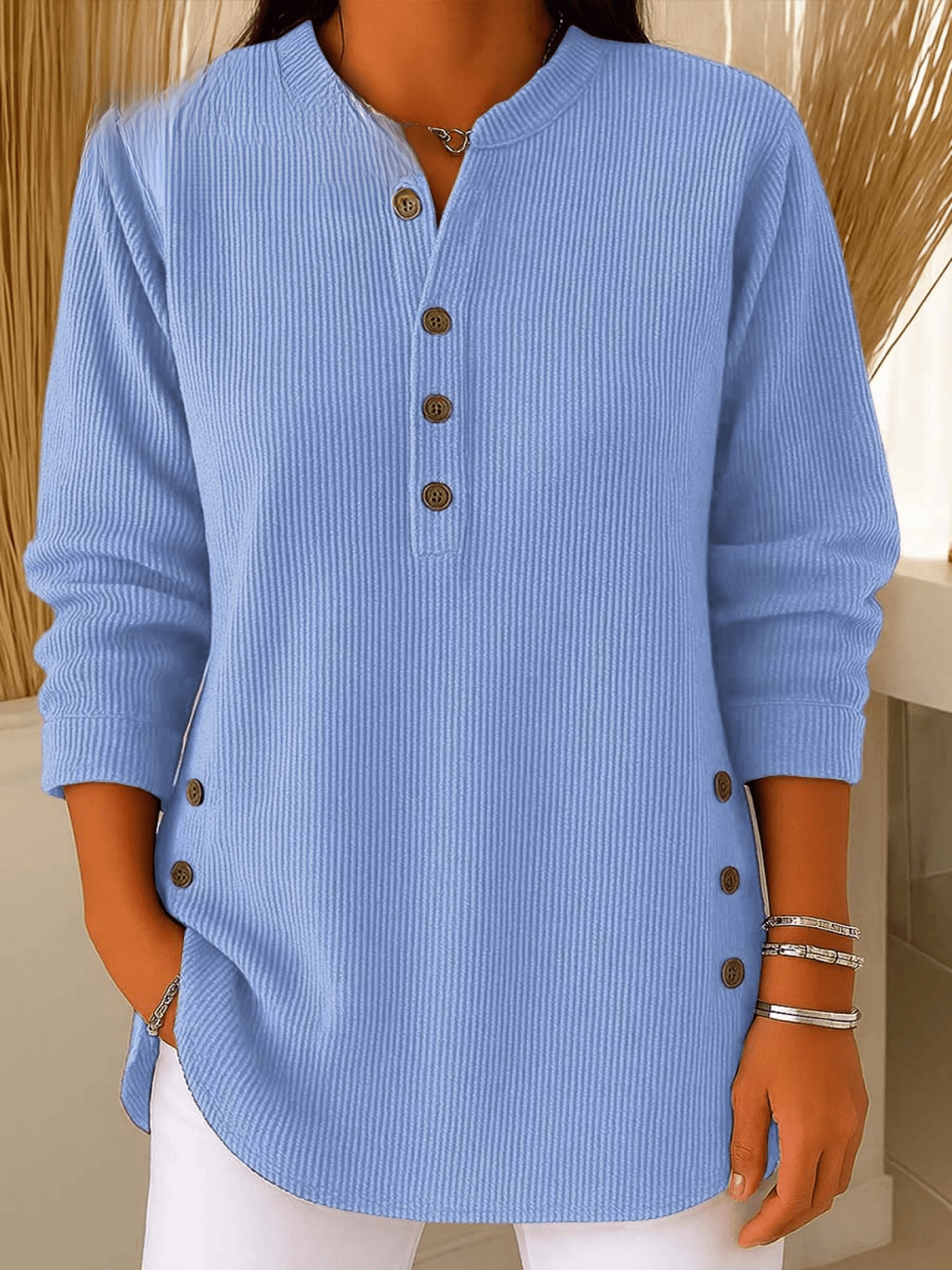 Women's Ribbed Tunic Top with Henley Neckline