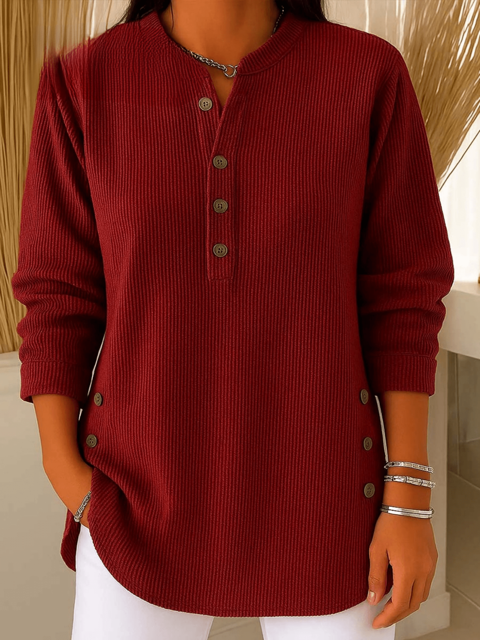 Women's Ribbed Tunic Top with Henley Neckline
