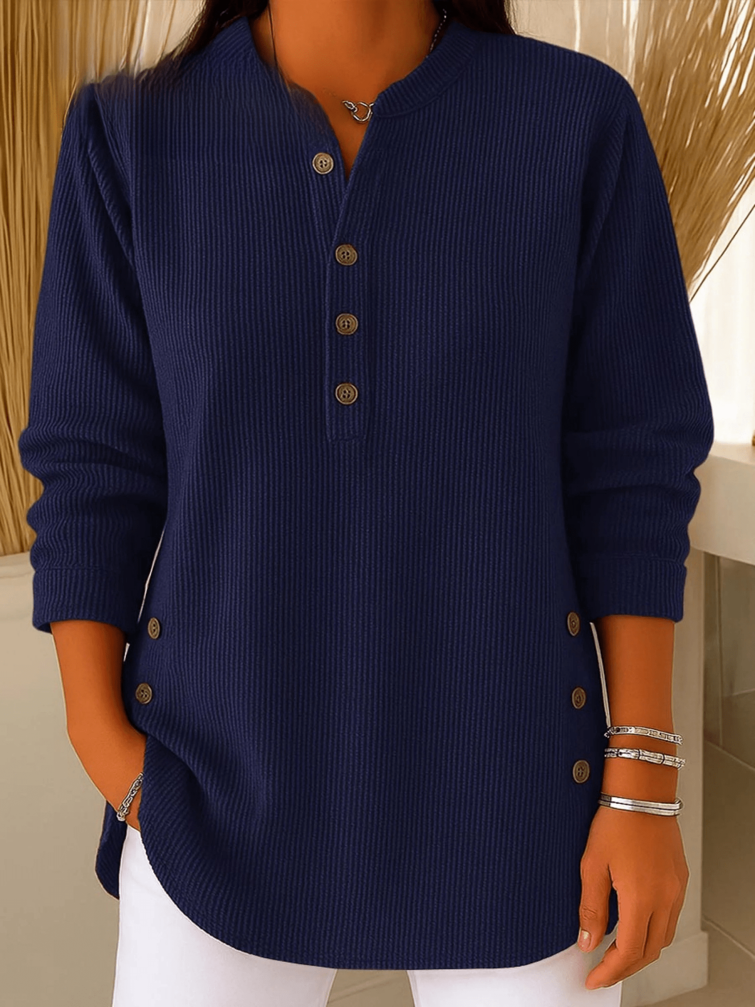 Women's Ribbed Tunic Top with Henley Neckline