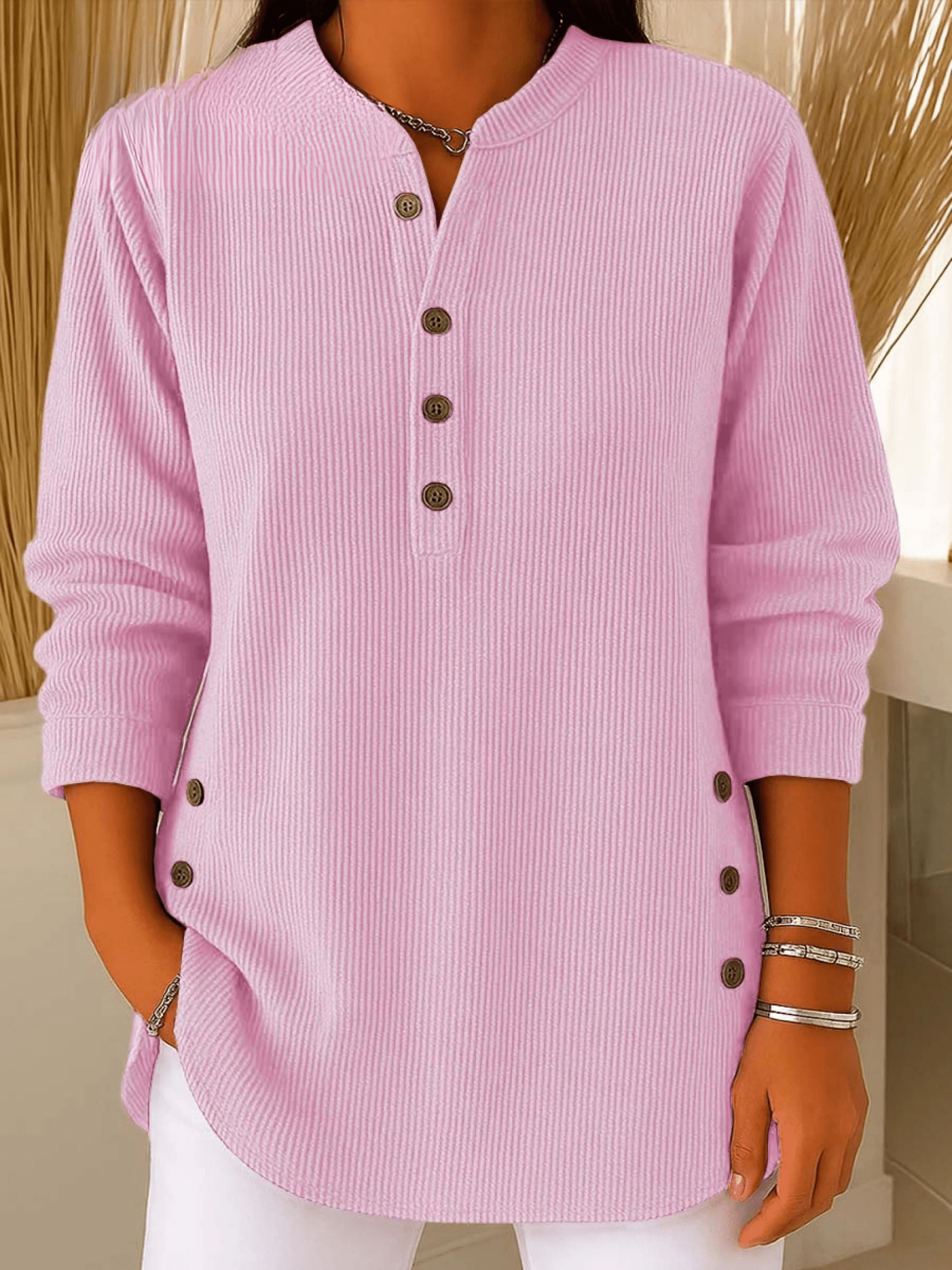 Women's Ribbed Tunic Top with Henley Neckline