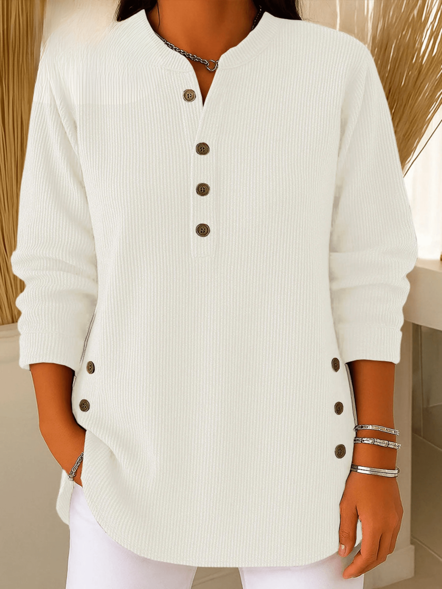 Women's Ribbed Tunic Top with Henley Neckline
