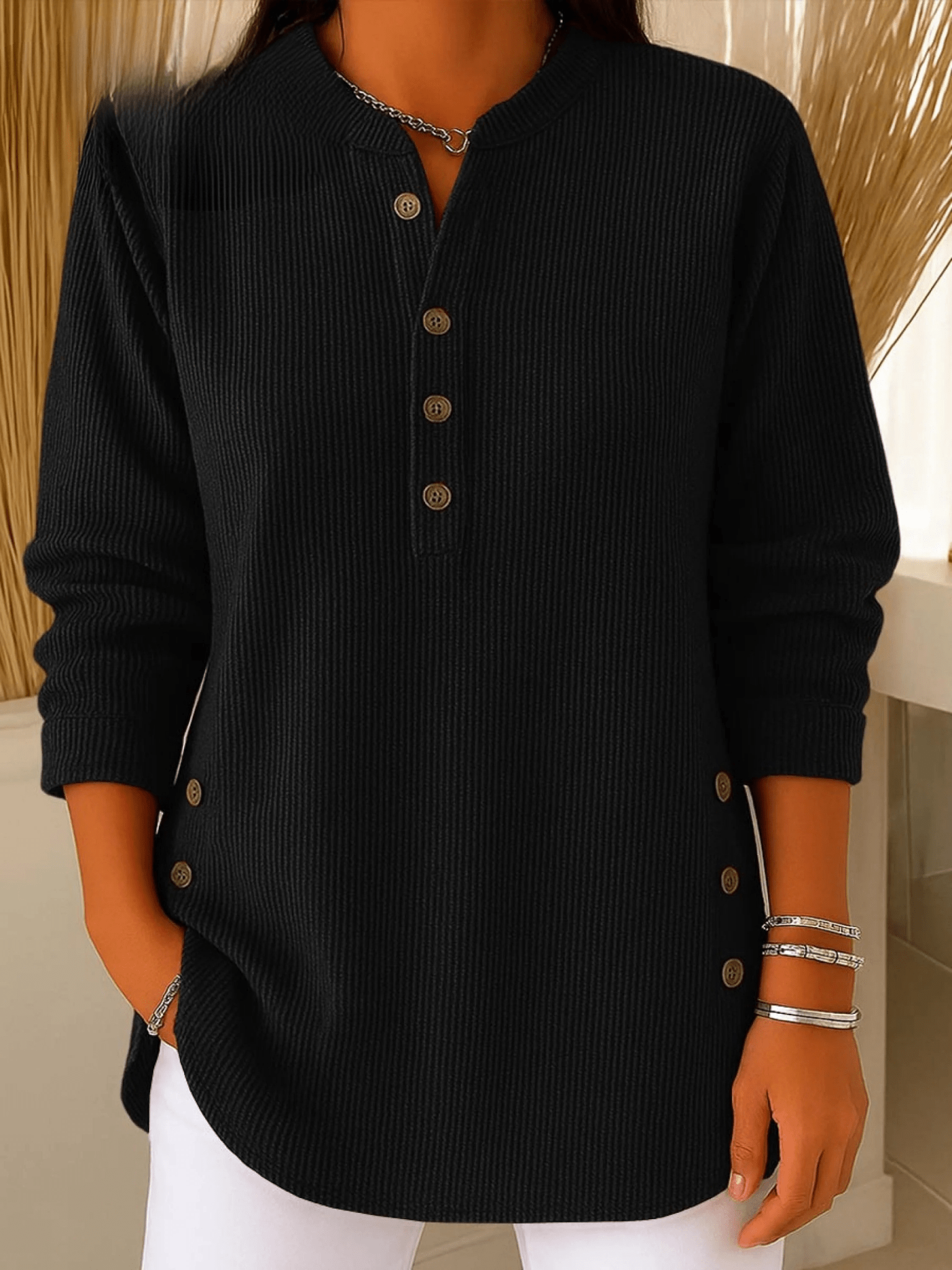 Women's Ribbed Tunic Top with Henley Neckline