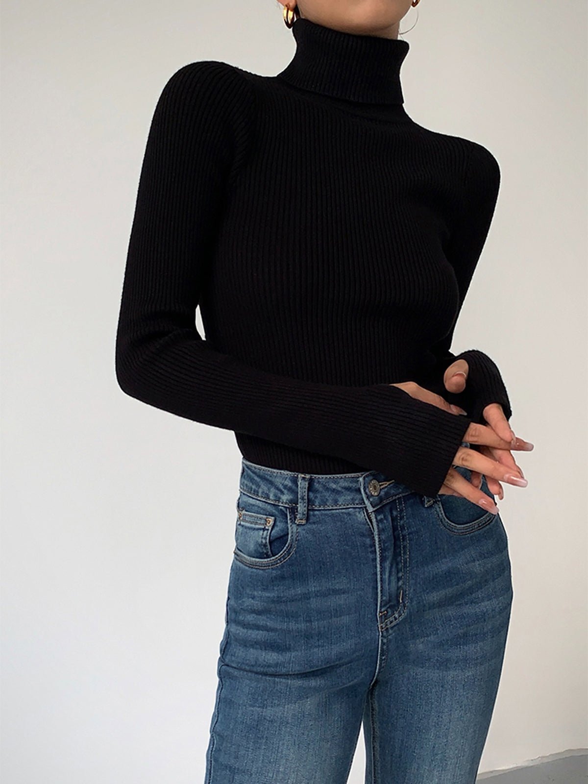 Women's Ribbed Turtleneck Sweater with Lightweight Knit Fabric
