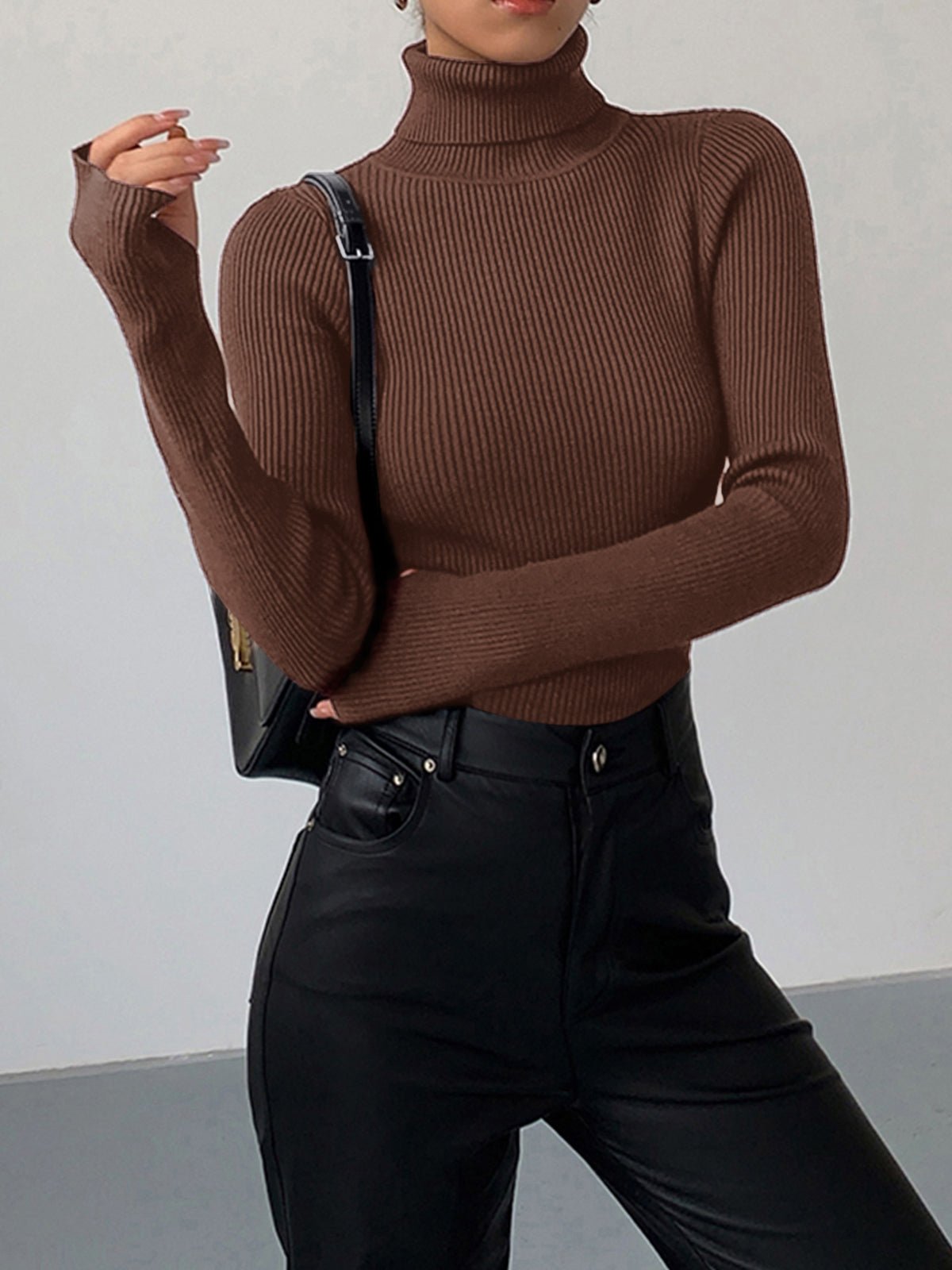 Women's Ribbed Turtleneck Sweater with Lightweight Knit Fabric