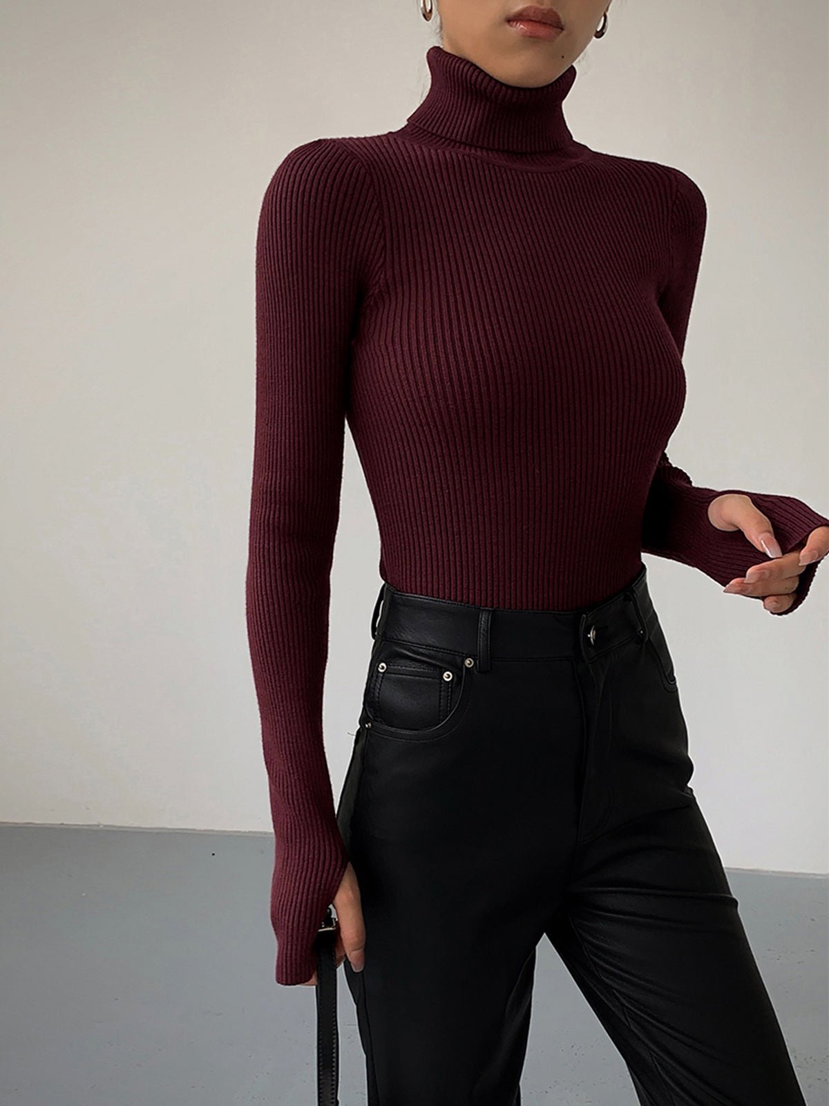 Women's Ribbed Turtleneck Sweater with Lightweight Knit Fabric