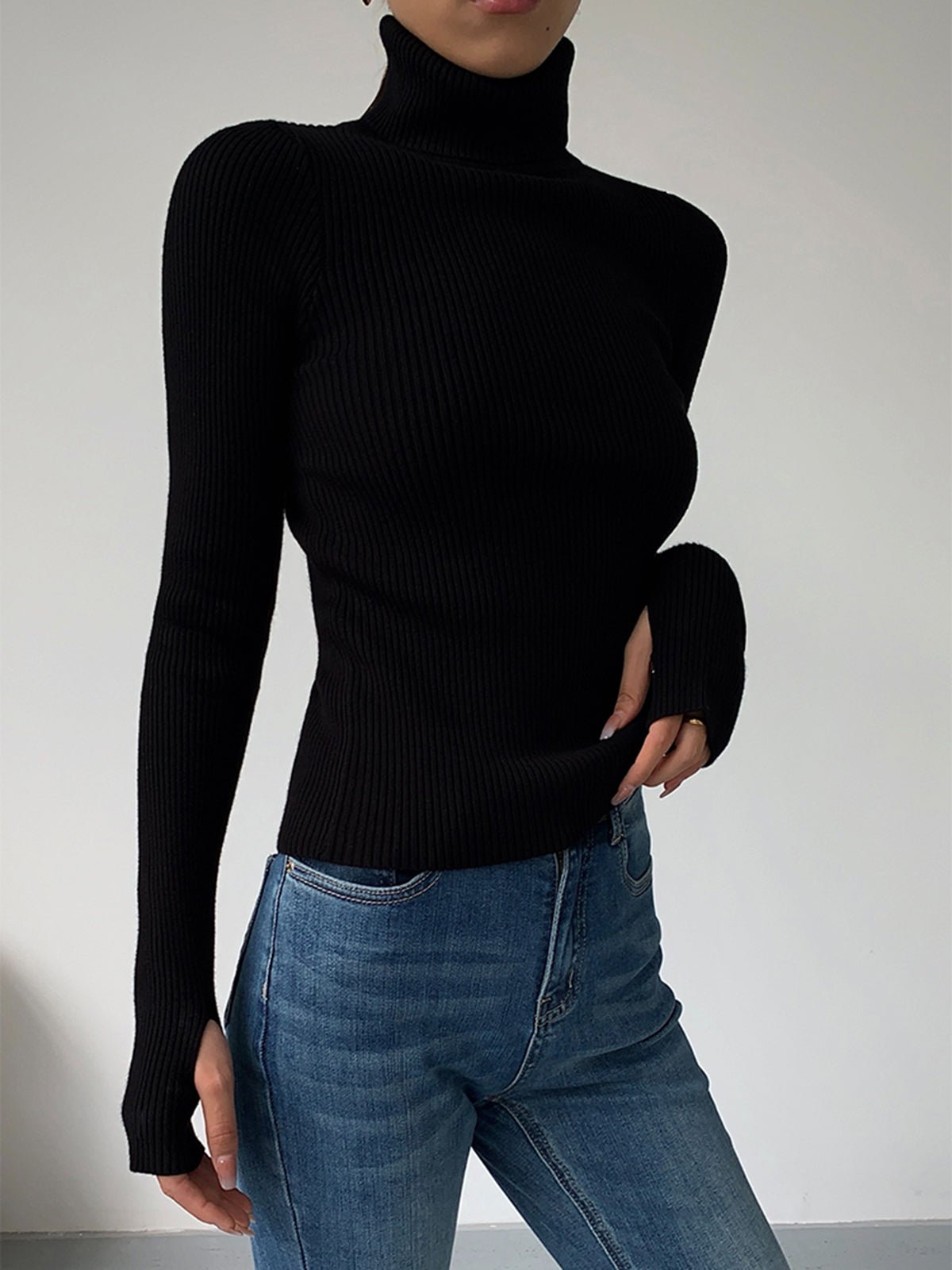 Women's Ribbed Turtleneck Sweater with Lightweight Knit Fabric