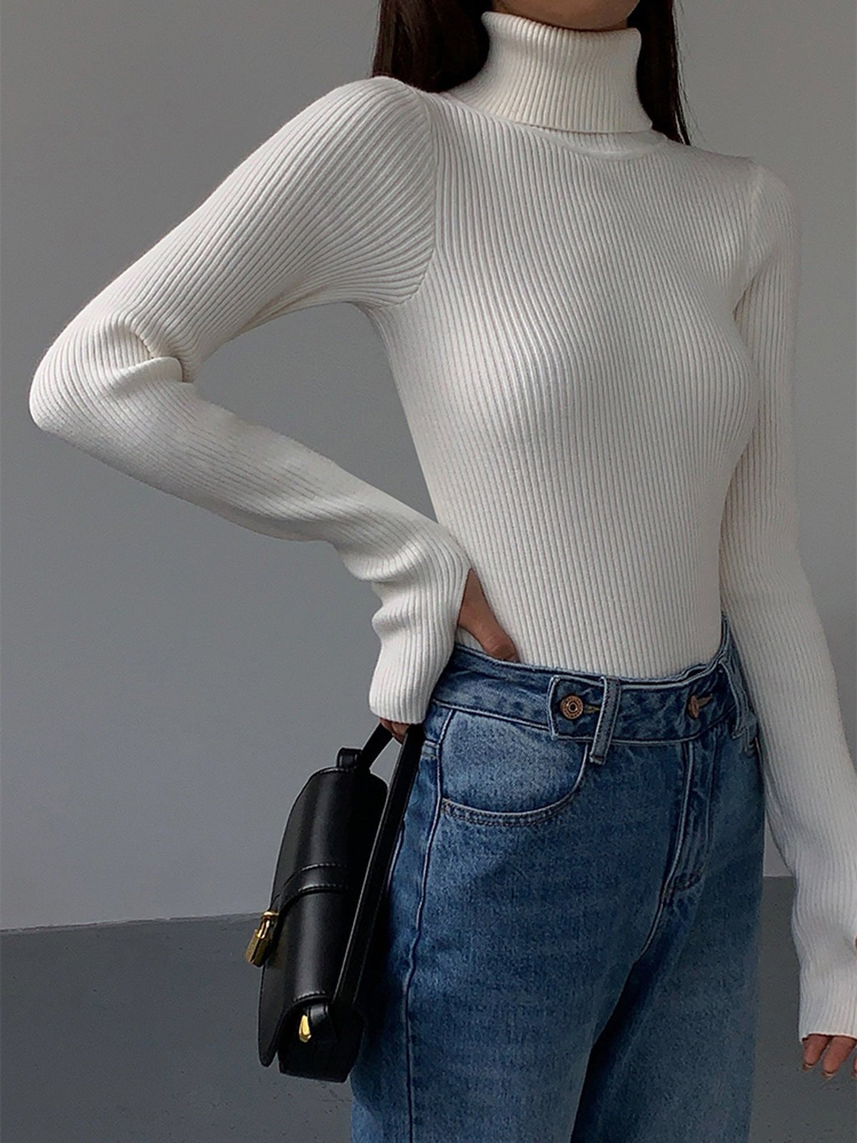 Women's Ribbed Turtleneck Sweater with Lightweight Knit Fabric