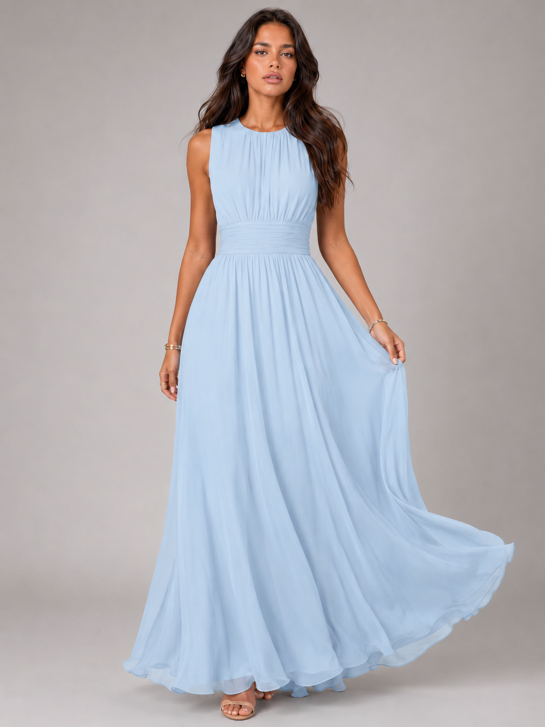 Women's Ruched Chiffon Maxi Dress with High Neckline