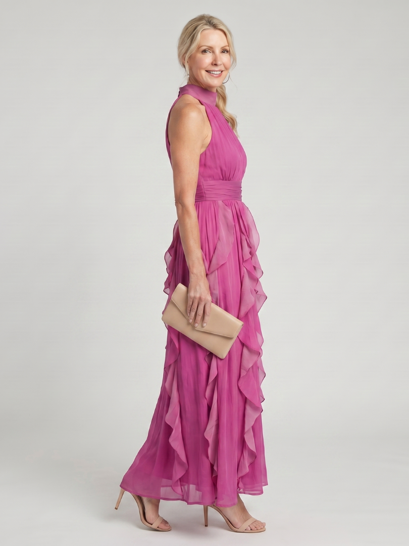 Women's Ruffle Layer Maxi Dress with High Neck