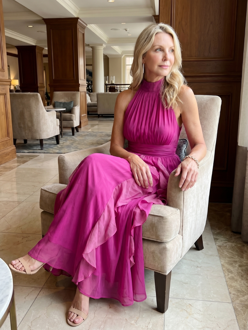 Women's Ruffle Layer Maxi Dress with High Neck